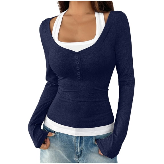 DAFPZW Women Y2k Scoop Neck Button Up T-Shirt Trendy Slim Fit Long Sleeve Fake Two Piece Contrast Color Crop Tops