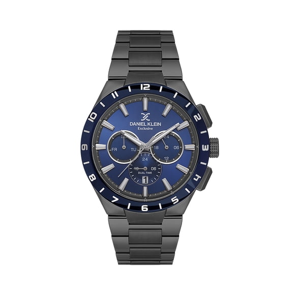 Daniel Klein Montre pour Homme, Montre Analogique en Métal 44 mm, Quartz Japonais, Bracelet en Acier Inoxydable - Jour-Date - Cadran Noir / Bleu