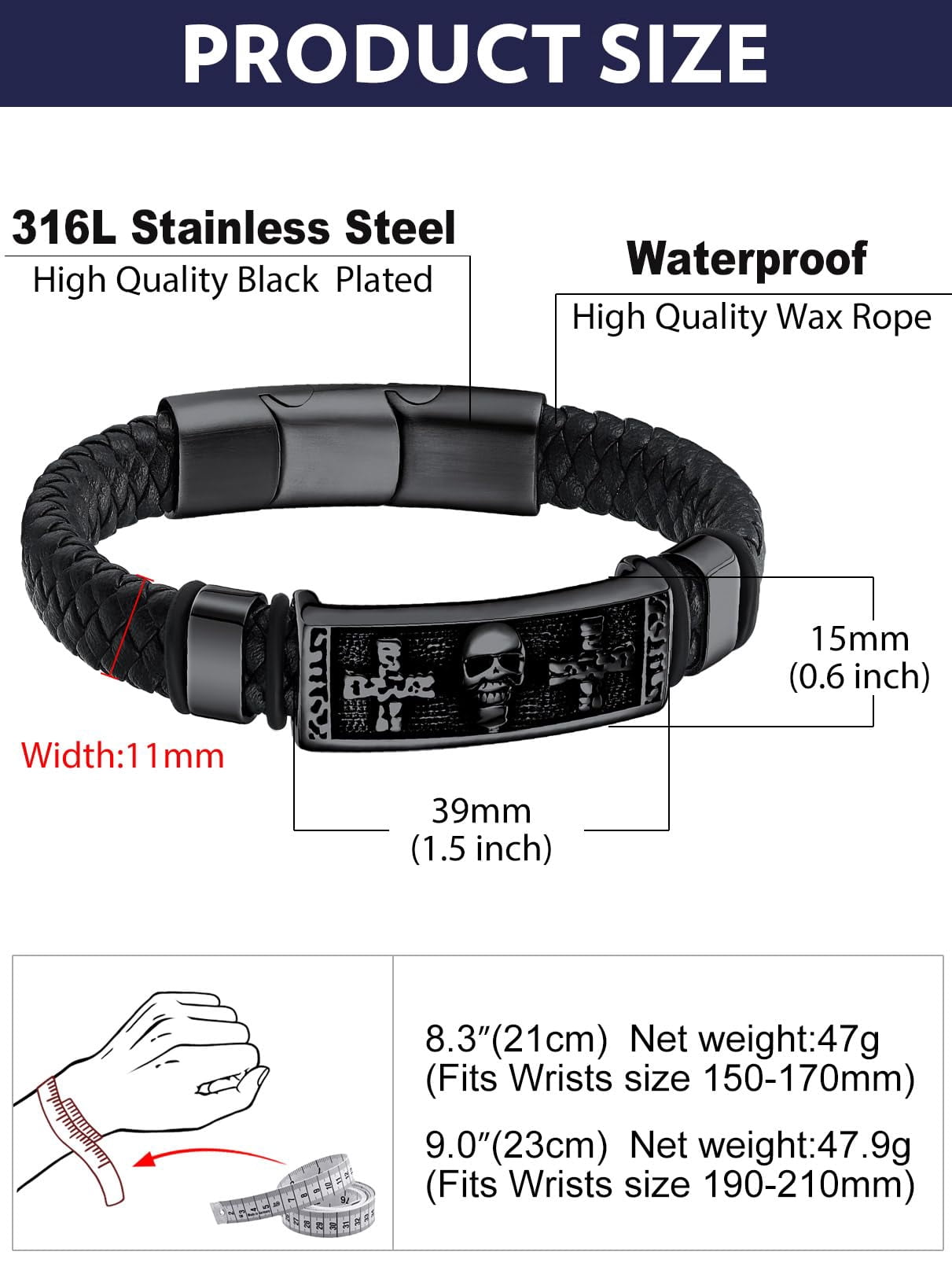 Bandmax Black Punk Gothic Skull Cross Bracelets for Men Women Black Braided Leather Cuff Wristband with Adjustable Buckle Halloween Birthday Father Day Gift for Dad Son Husband Grandpa