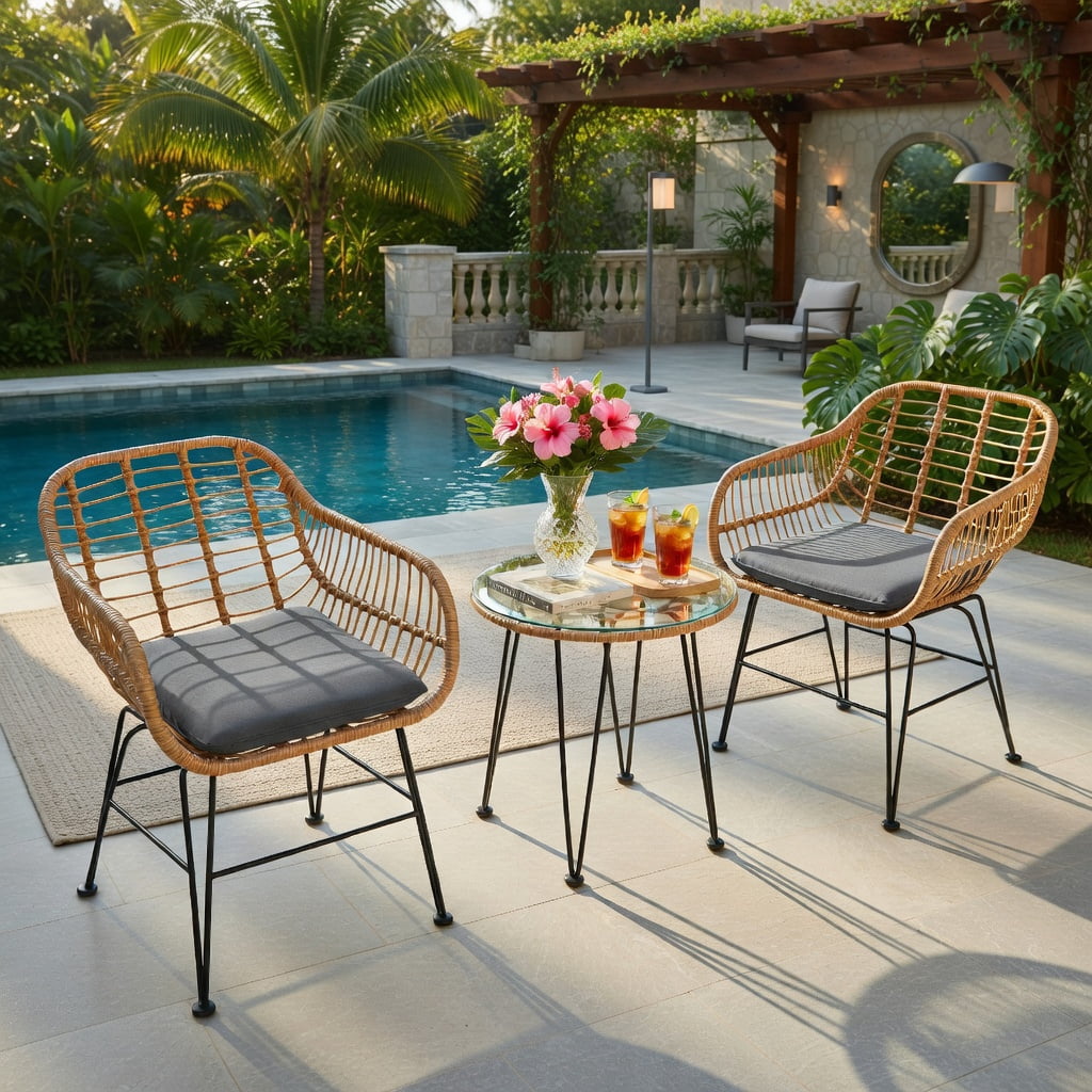 Hommoo 3-Piece Outdoor Rattan Patio Furniture Set, 2 Armchairs + Coffee Table with Removable Cushions, Tempered Glass Top, Weather-Resistant Wicker & Steel Frame, Gray