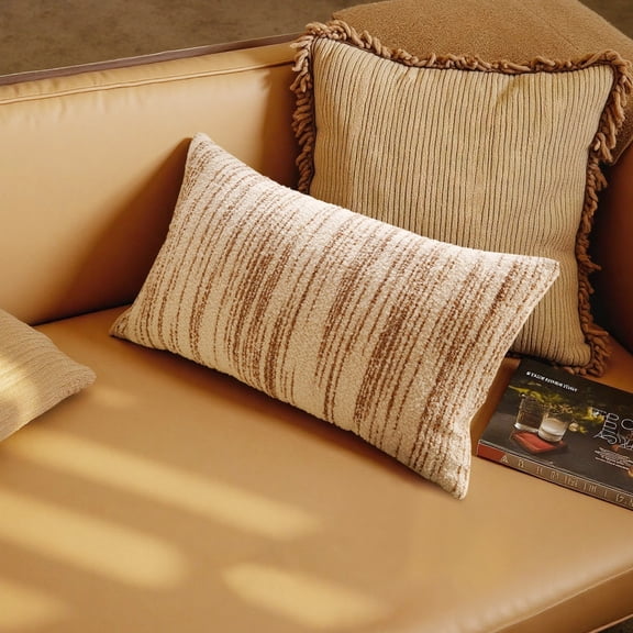 Striped Lumbar Pillow Cover 11.8 x 19.7 Inch, Canvas Throw Pillow Case with Invisible Zipper, Beige Brown Pencil Pattern Decorative Cushion Cover for Sofa Couch Bed