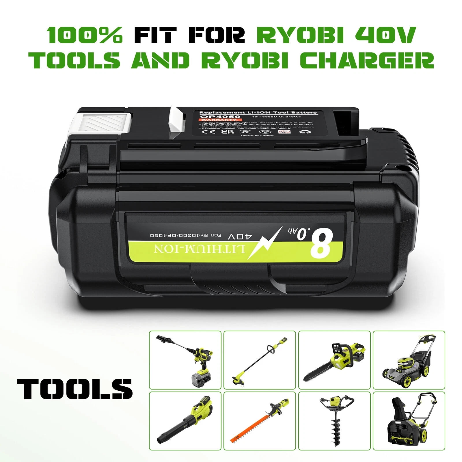 8.0Ah 40V replace Ryobi 40V battery compatible with Ryobi 40V battery OP40401 OP4060