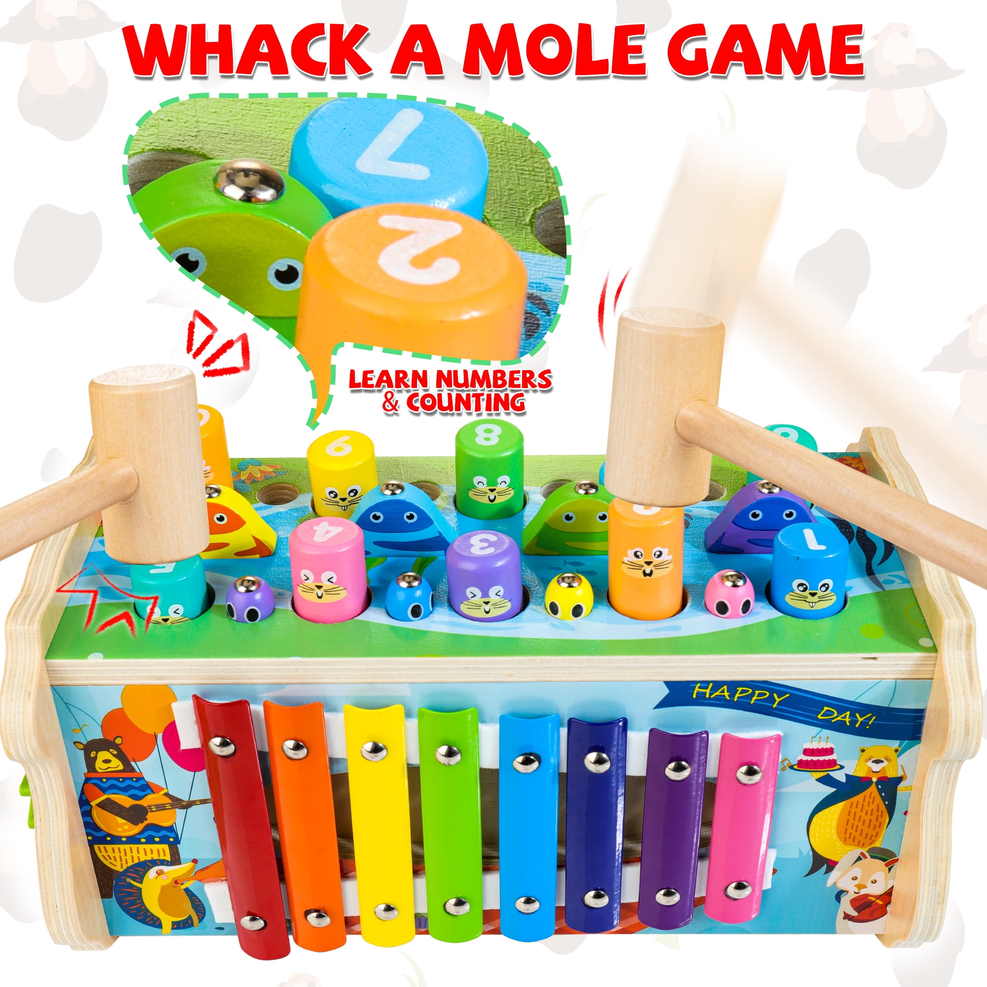 6 in 1 Wooden Montessori Toys for 1 Year Old Whack a Mole Game