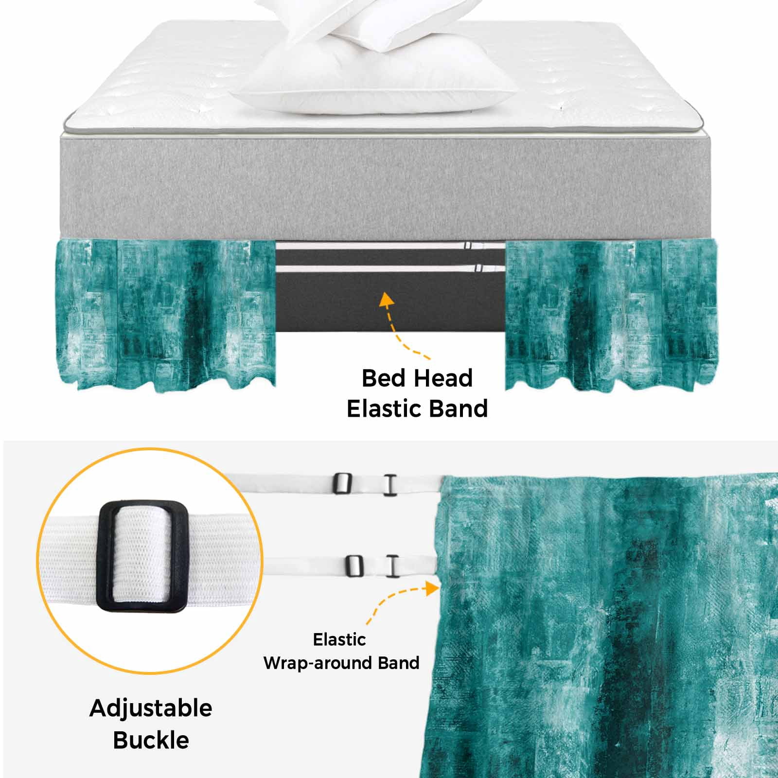 Teal Bed Skirt King Size 16 Inch Drop, Adjustable & Elastic Wrap Around Bed Skirts Pleated Dust Ruffles For Twin Full Queen Cal King Base Beds, Retro Oil Painting Modern Abstract Art Aesthetics