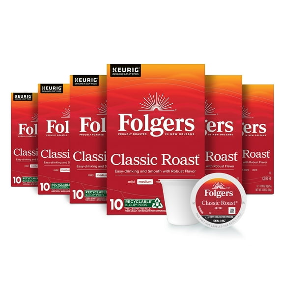 (6 pack) Folgers Classic Roast Coffee, Medium Roast, Keurig K Cup Pods, 10 Count Box