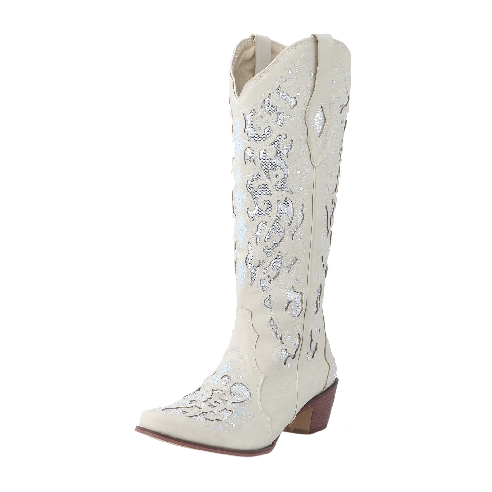 Cowboy Boots Women Chunky Heel Studded Rhinestone Embroidered Rodeo ...