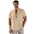 thumbnail image 1 of Ceisia Men's Stand-Collar Cotton-Linen Shirt Summer Loose Casual Short-Sleeve Button-Down Shirt Beige XXXL Gifts, 1 of 6