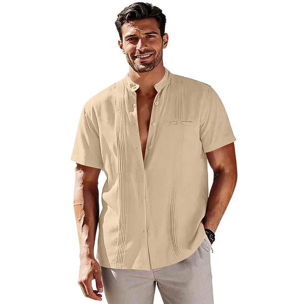 Ceisia Men's Stand-Collar Cotton-Linen Shirt Summer Loose Casual Short-Sleeve Button-Down Shirt Beige L Gifts