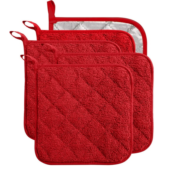 5 Pack Terry Cloth Pot Holders for Kitchen Heat Resistant, 7 x 7 Inch Insulated Oven Square Hot Pads, Potholders Sets for Kitchen Cooking and Baking (Red)