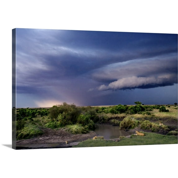 Great BIG Canvas | "Moody Sunset with Lions on the River, Kenya" Canvas Wall Art - 24x16