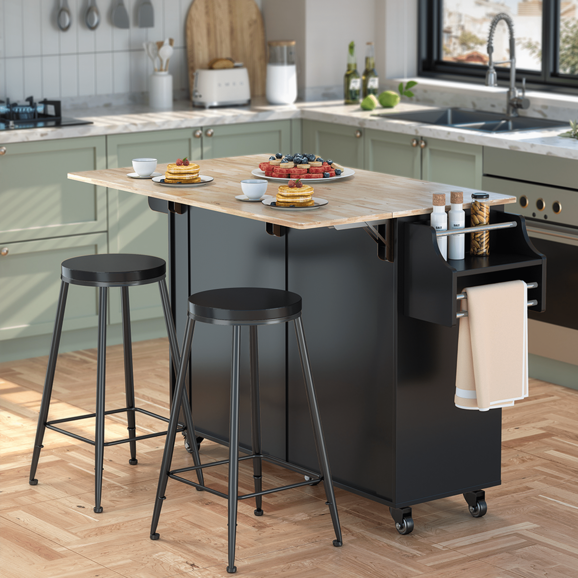 Aiho 45.5'' Kitchen Island Cart with Storage , Rolling Kitchen Island with Folding Drop Leaf Breakfast Bar for Dining Room, Black