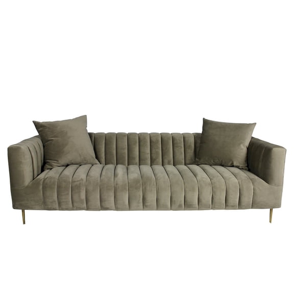 Ruth Sofa with 2 Toss Pillows Upholstered in Beige Velvet