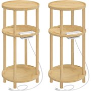 Small Round Side Table with Charging Station - Round Bamboo End Table Compact Sofa Bedside Table for Small Space Easy Assembly for Living Room Bedroom Apartment Natural YLU