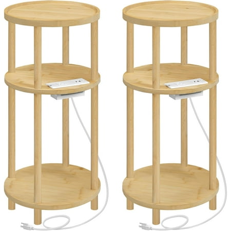 Small Round Side Table with Charging Station - Round Bamboo End Table Compact Sofa Bedside Table for Small Space Easy Assembly for Living Room Bedroom Apartment Natural YLU