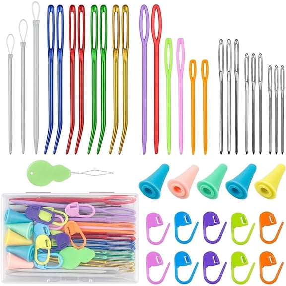 1 set Knitting Neddles sets including Aluminum Big Eye Needles Locking Stitch Marker & Needles Cap Needle Threader Mixed color 95x63x14mm