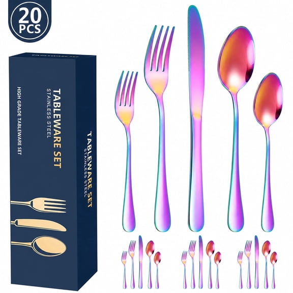 Rainbow Silverware Set 20 Pieces Stainless Steel Flatware Set, Kitchen Utensil Set Service for 4