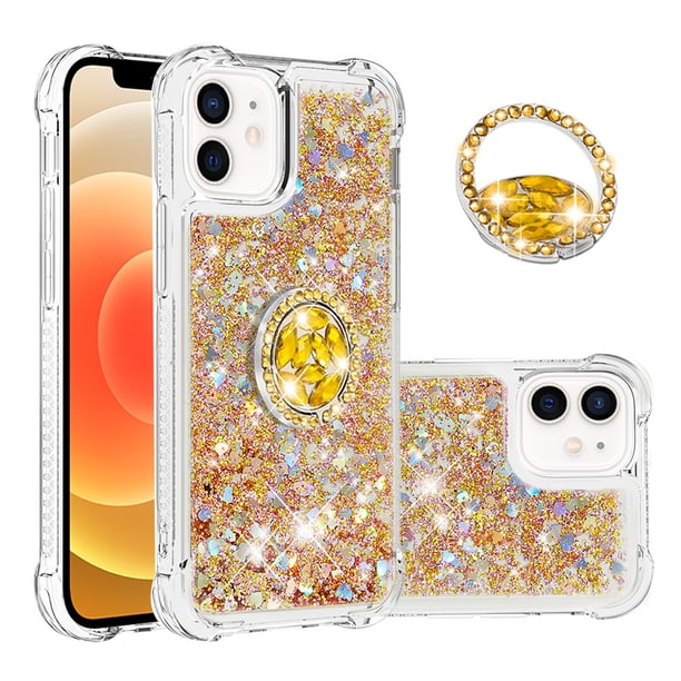 Funda para iPhone 12 Mini con Brillo Líquido Flotante, Purpurina, Parachoques y Anillo Giratorio Soporte