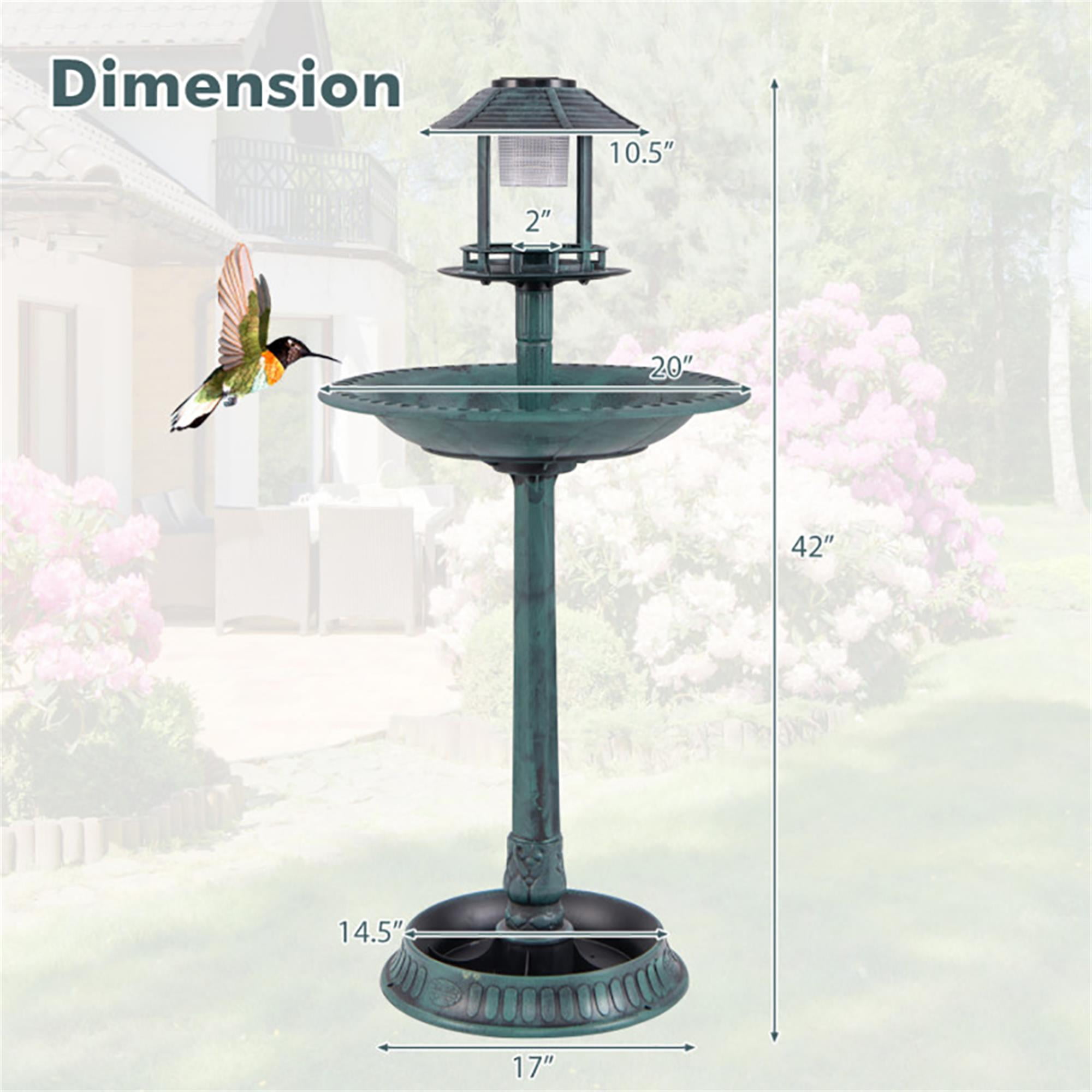 resenkos 42" Outdoor Pedestal Garden Bird Bath with Solar Light, Bird Feeder and Flower Planter, Bronze Green
