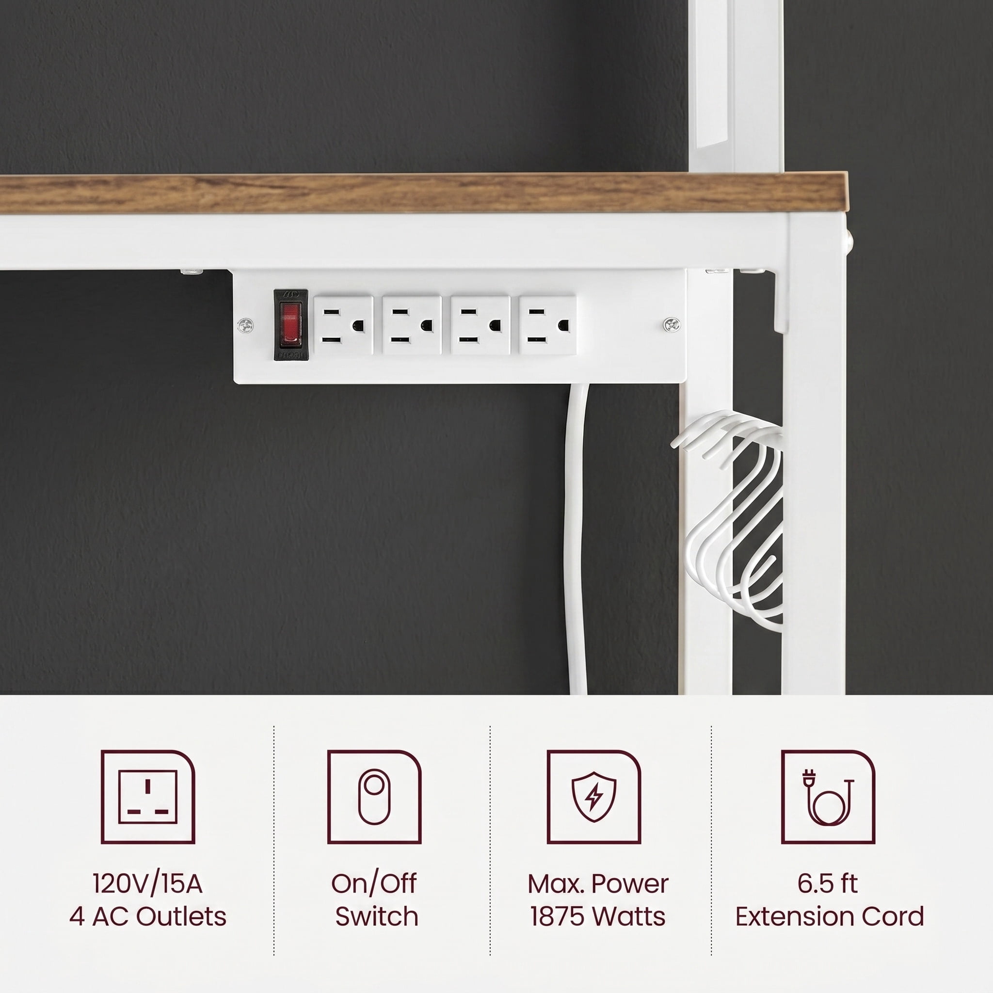 Nordic Hygge 66.9 in. Tall Bakers Rack with Power Outlet, Rustic Walnut & Cloud White