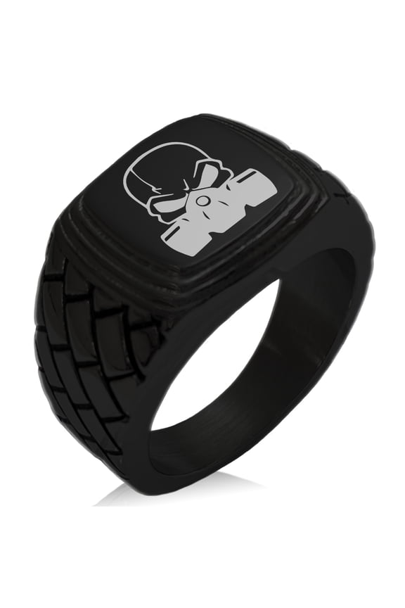 Stainless Steel Biohazard Death Skull Geometric Pattern Step-Down Biker Style Polished Ring