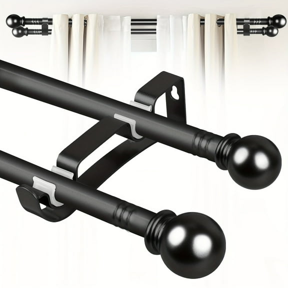 Double Rod Curtain Set 60 to 120 Inch,Double Curtain Rods for Windows with 3PCS Holder,Black Small Extra Long 5/8" Diameter Blackout Cortineros Dobles Para Ventanas for Bedroom,Living Room