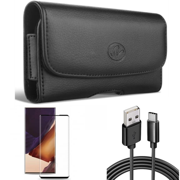 Screen Protector & Case Belt Clip & 6ft USB Cable for Samsung Galaxy Note 20 Ultra (6.9") - Combo with Tempered Glass (Fingerprint Unlock) & Leather Swivel & Type-C Charger Cord