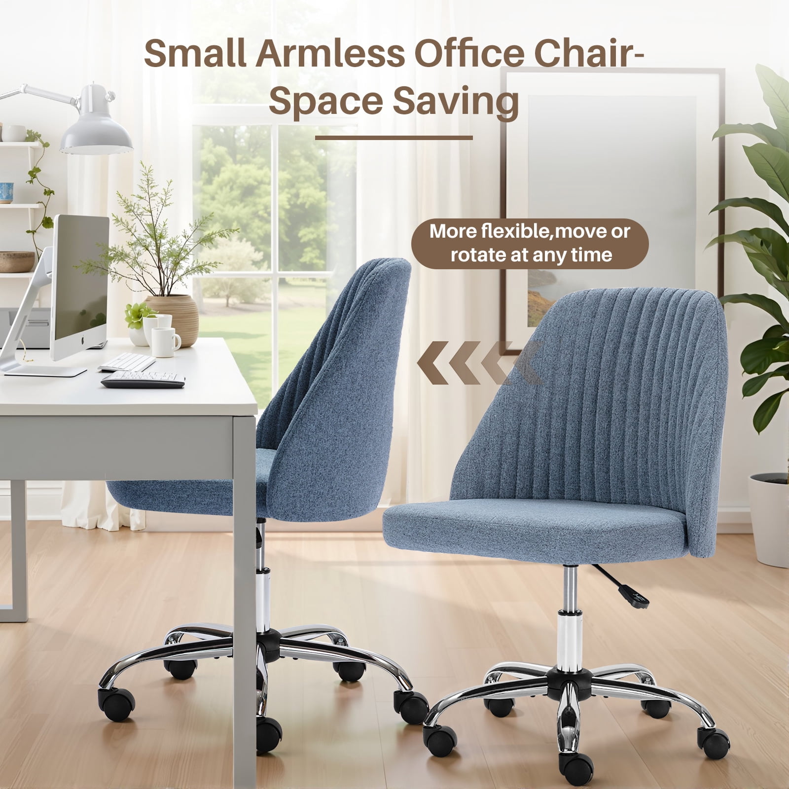Colorful Linen Desk Chair, Comfy Thick Seat with Swivel Wheels, Armless Task Chair, Blue