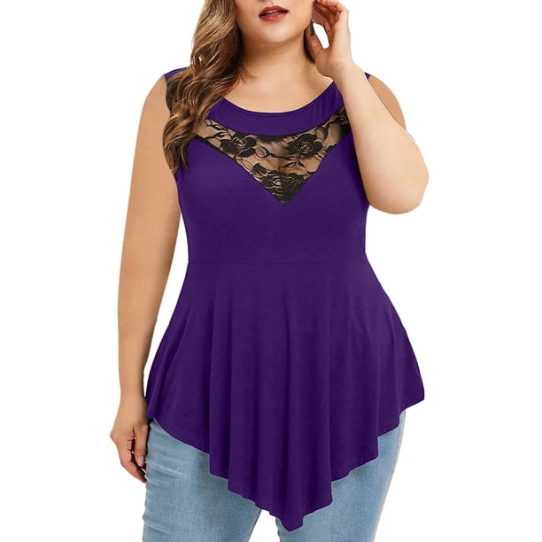 ICHUANYI Clearance Plus Size Women Solid Floral Lace Roundn Neck Asymmetric Sleeveless Tops Blouse(Purple, M) ICHUANYI WER2023081015155