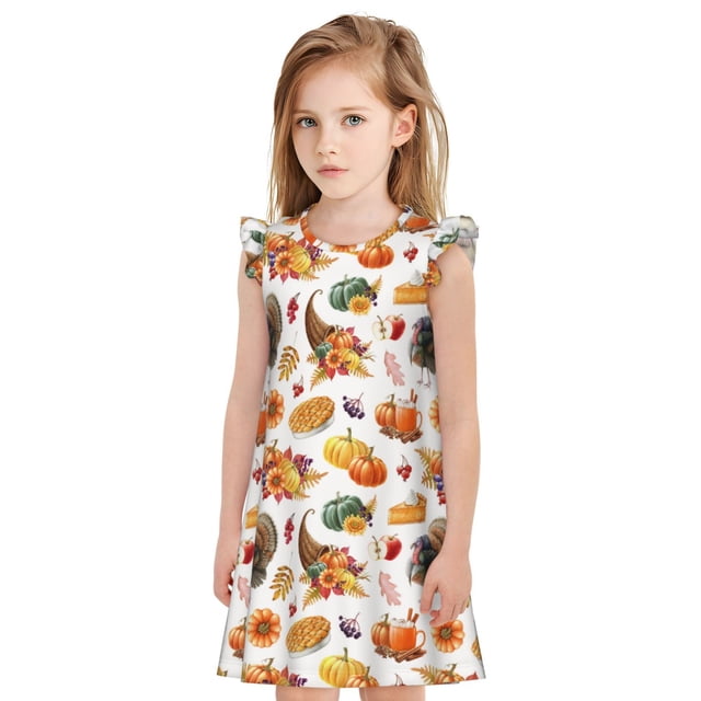 Fotbe Thanksgiving Turkeys 1 Vestido de Dormir para Niñas de 3 a 10 Años, Mangas Cortas, Estilo Princesa, Pijama Camisón con Mangas Voladas-Small