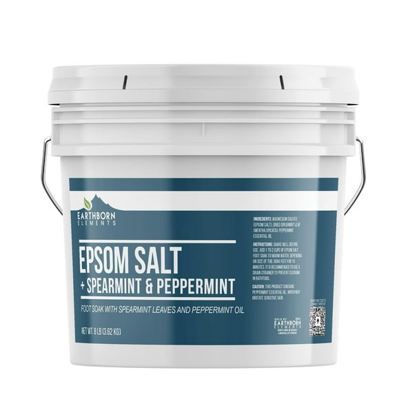 Earthborn Elements Spearmint & Peppermint Epsom Salt Foot Soak, 1 Gallon Bucket, Minty Aroma, With Real Spearmint Leaves 8 Pounds