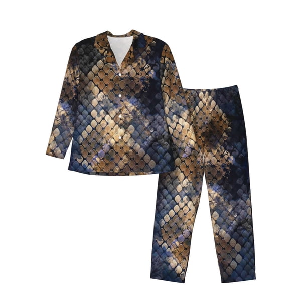 Fotbe Watercolor Snake Skin Pijama de Hombre con Estampado de Manga Larga, Conjunto de 2 Piezas, Ropa de Dormir Suave y Cómoda con Bolsillos-Medium