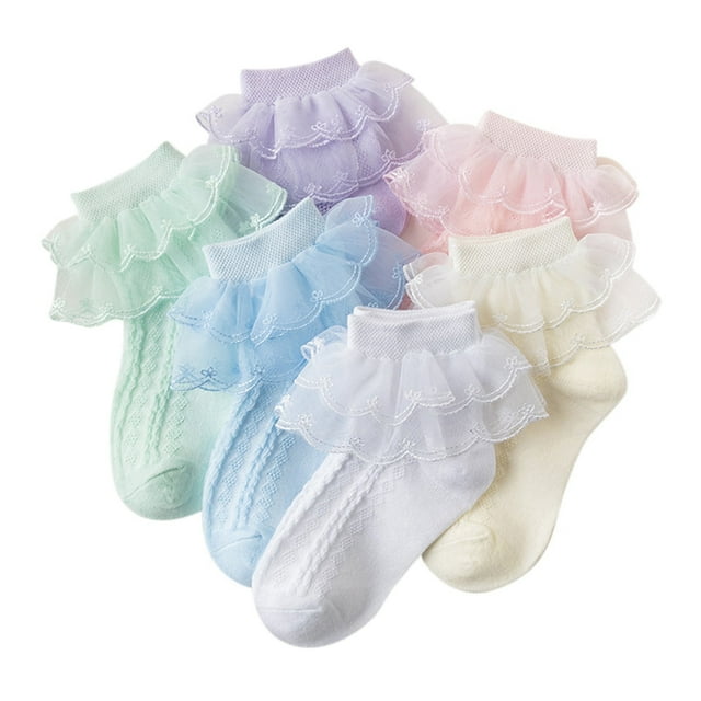 5 Pack Girls Ruffle Socks Frilly Double Lace Socks Cotton Turn Cuff Socks Toddler Pageant Socks for Girls,6 Pack,7-9T