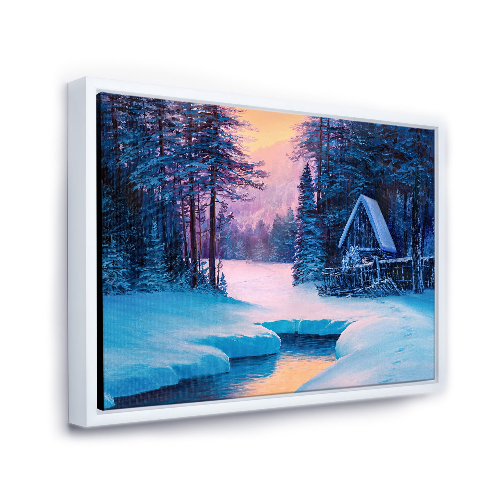 Designart 'The River House In The Woods and Winter Landscape II' Lake House Framed Canvas Wall Art Print