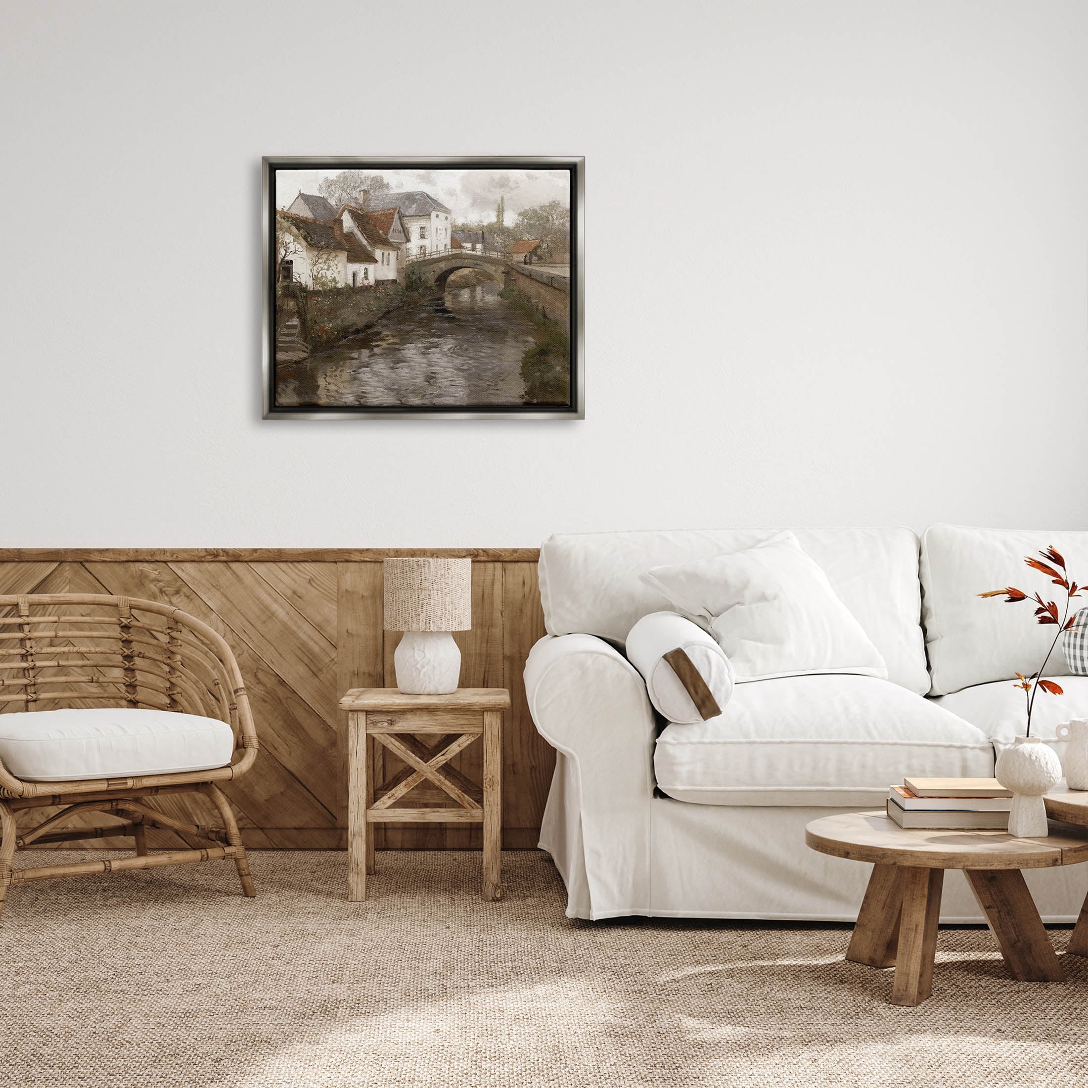 Classic Canal Neighborhood Scenery Landscape Painting Luster Gray Framed Art Print Wall Art