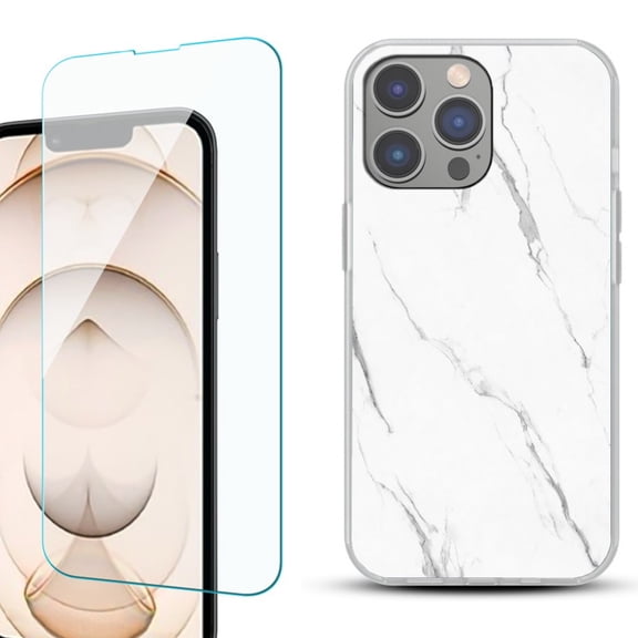 OneToughShield ® for iPhone 15 Pro Shockproof Phone Case, with Tempered Glass Screen Protector - Marble / White