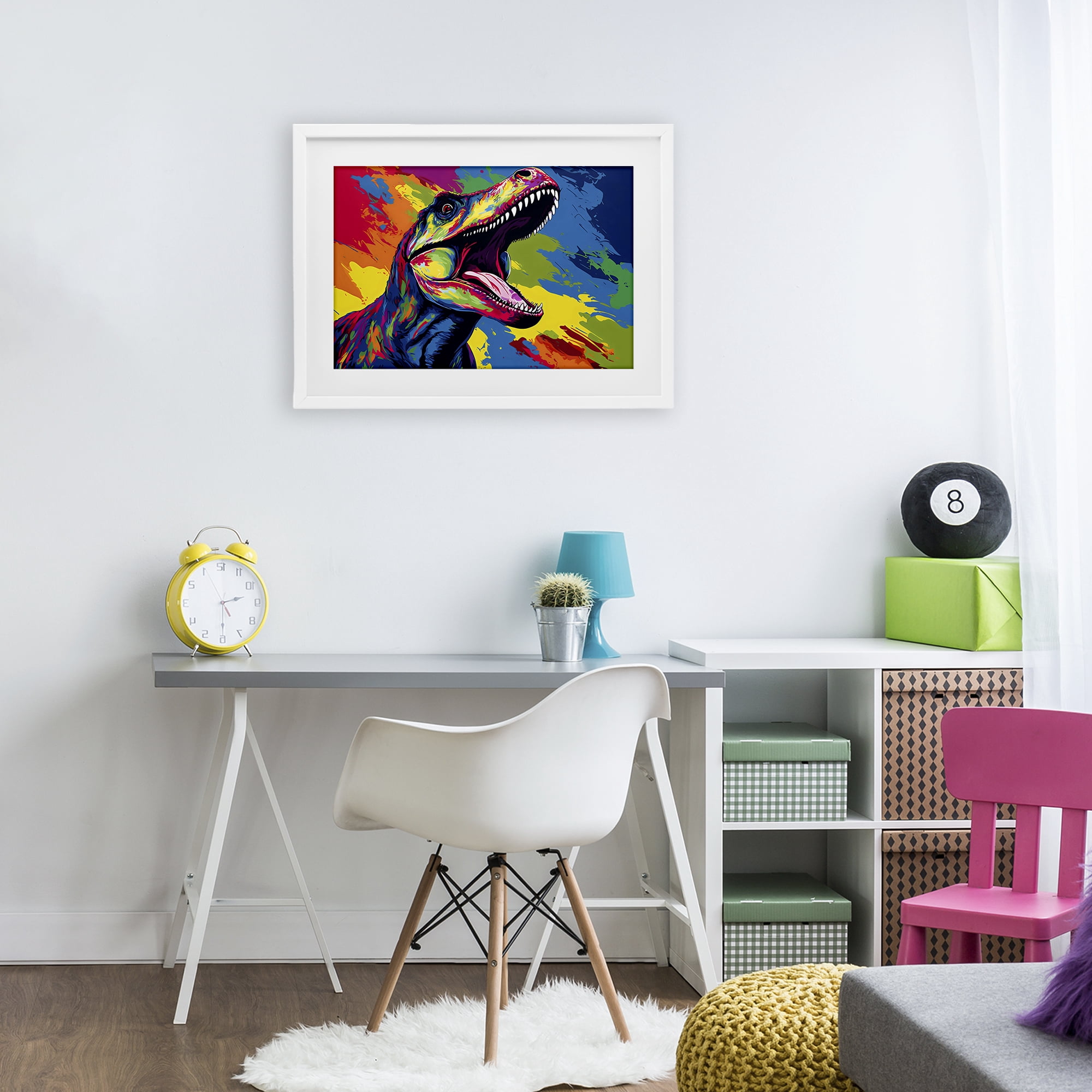 Stupell Industries Brightly Colored Dinosaur White Framed Print Under Glass, design by Creative Studio