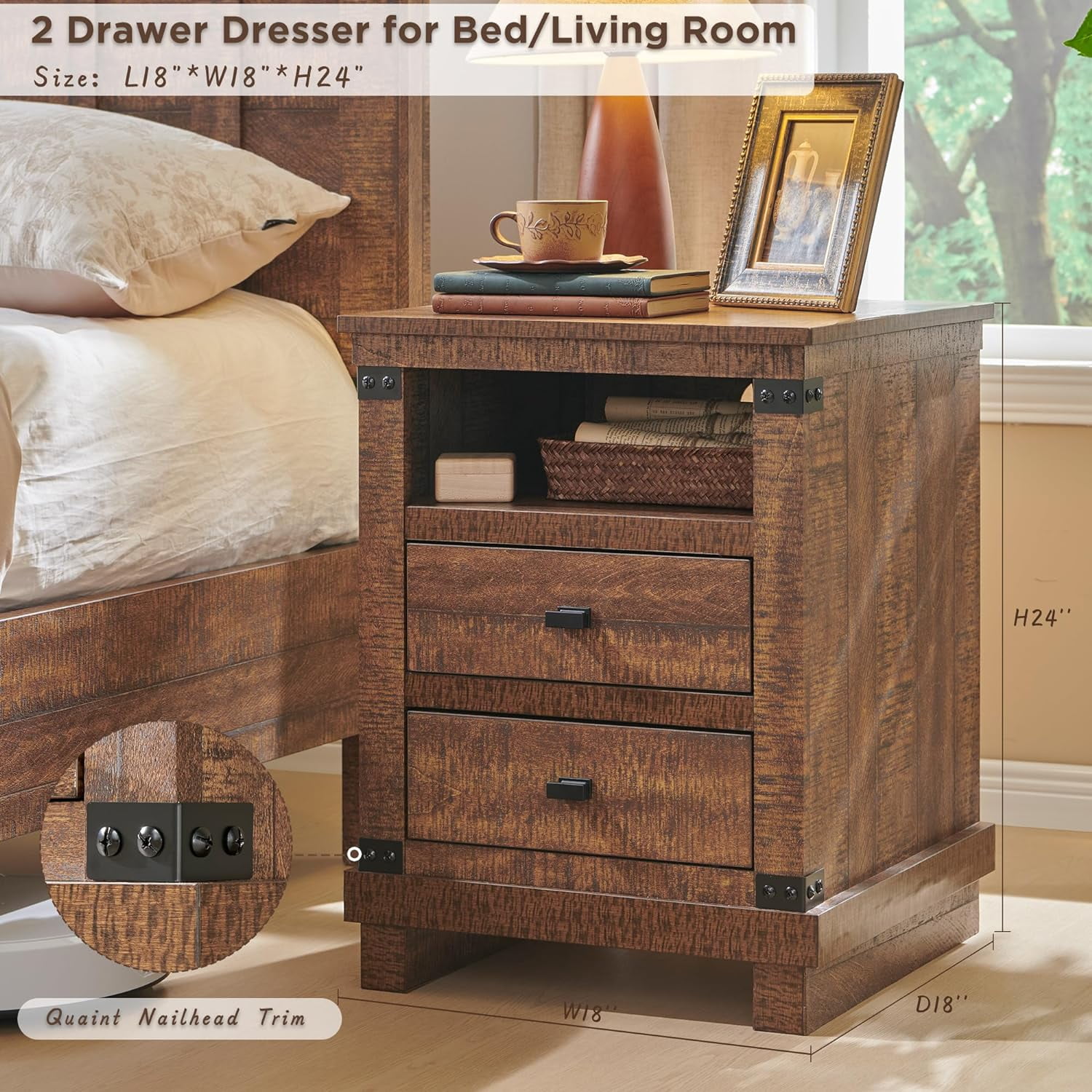 OKD Farmhouse 18" Nightstand with Charging Station, Rustic Metal Wood End Tables with Adjustable Shelves, Side Tables，Reclaimed Barnwood