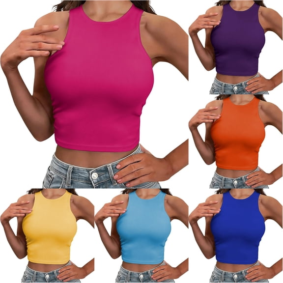 Solid Color Cropped Tank Top Sleeveless Round Neck Casual Summer Vest for Women, XXL, Hot Pink