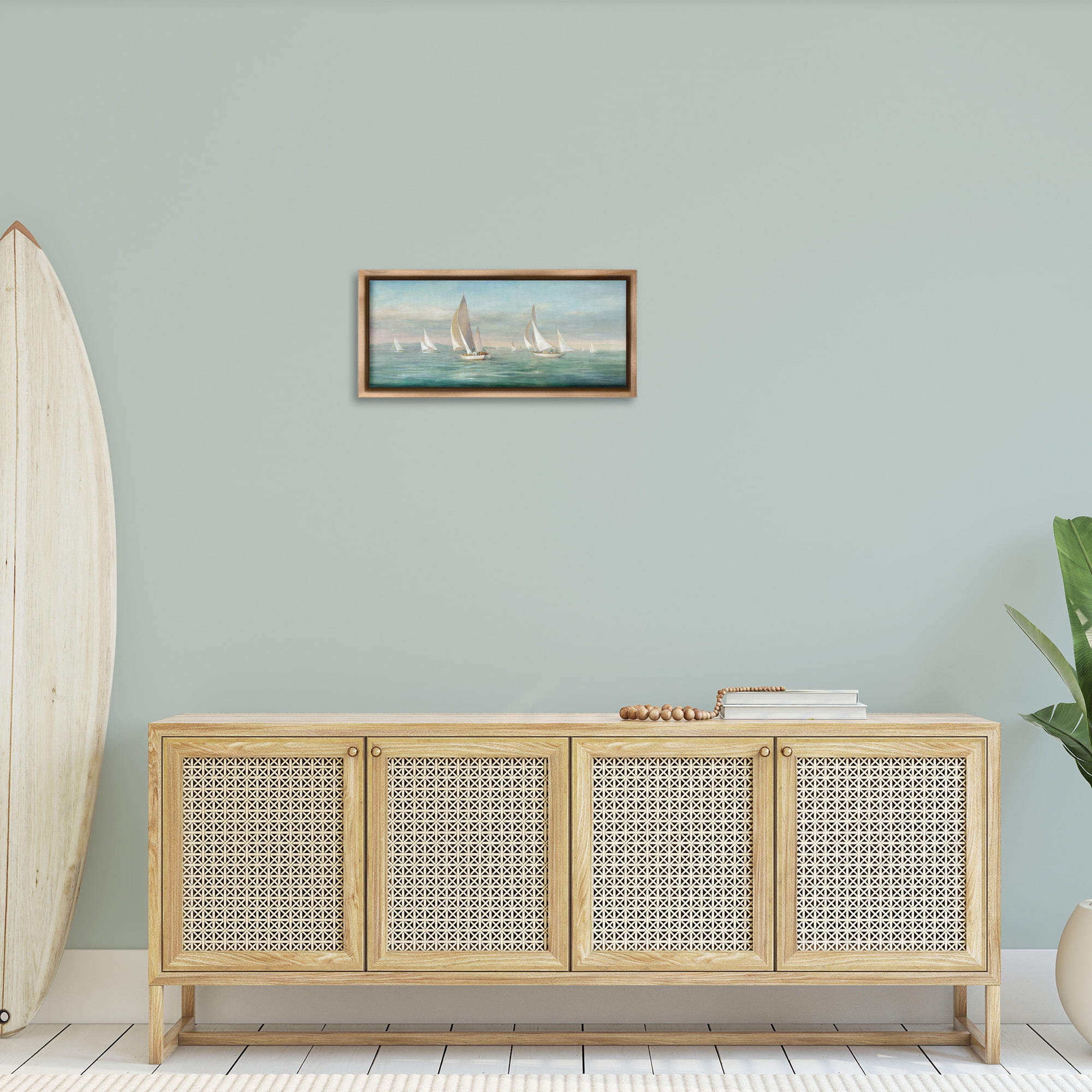 Stupell Industries Sailboat Fleet Ocean Waves Transportation Painting Brown Floater Framed Canvas Art Print Wall Art, 25 x 11