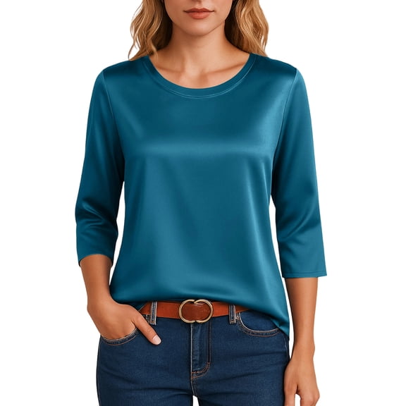 Womens Silk Satin Tops 3/4 Length Sleeve Shirts Round Neck Loose Casual Blouses Business Work Dressy Tshirts Outfits Green 2XL