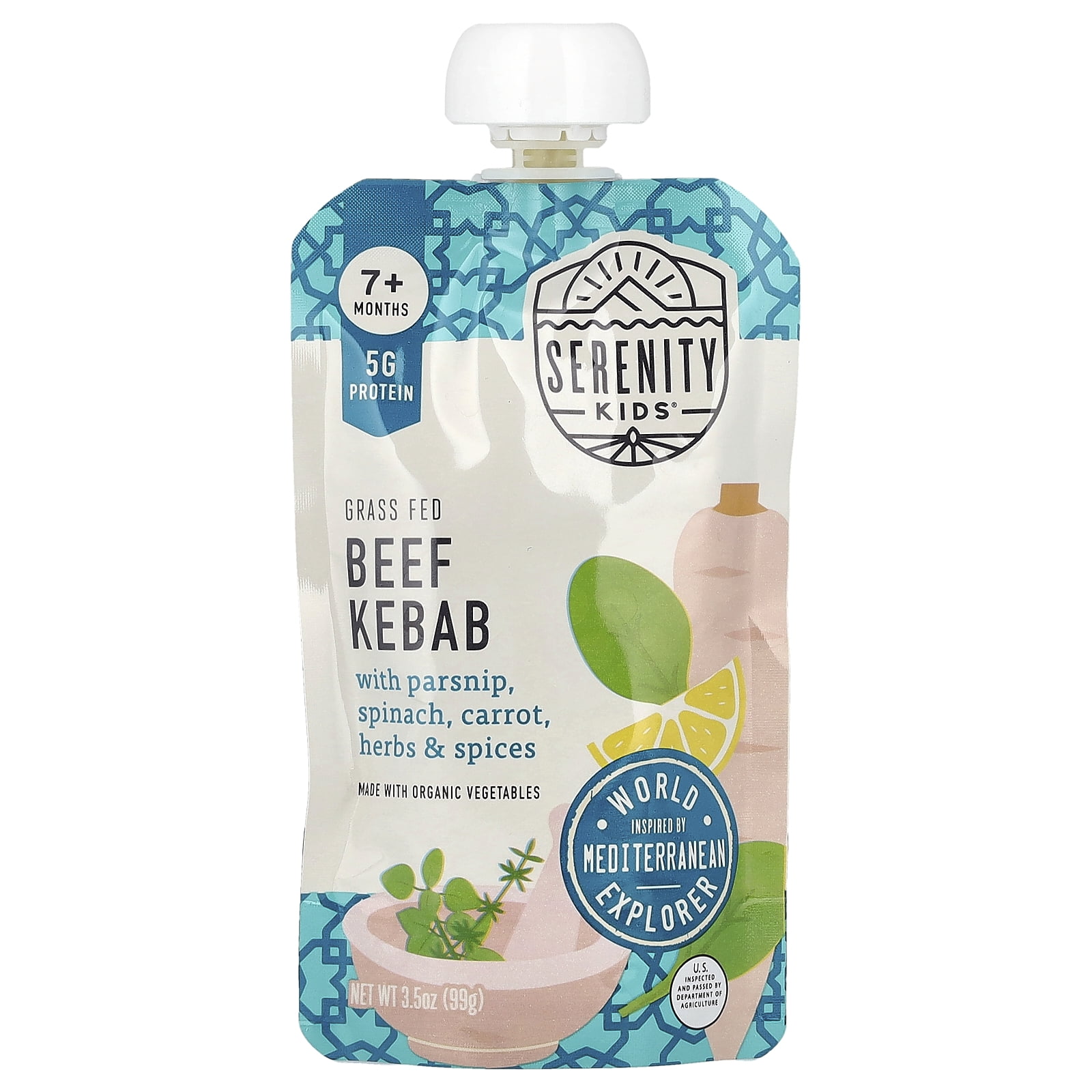 Serenity Kids Grass Fed Beef Kebab with Parsnip, Spinach, Carrot, Herbs & Spices, 7+ Months, 6 Pouches, 3.5 oz (99 g) Each