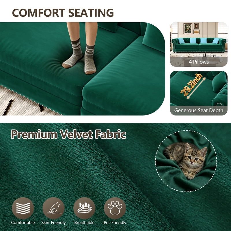 3-in-1 Pull-Out Sofa Bed, 89'' Chesterfield Sofa, Convertible Sleeper Sofa Bed, King Size Sofa Bed, Chaise Lounge, Tufted Design Velvet 3-Seater Sofa with Movable Ottoman