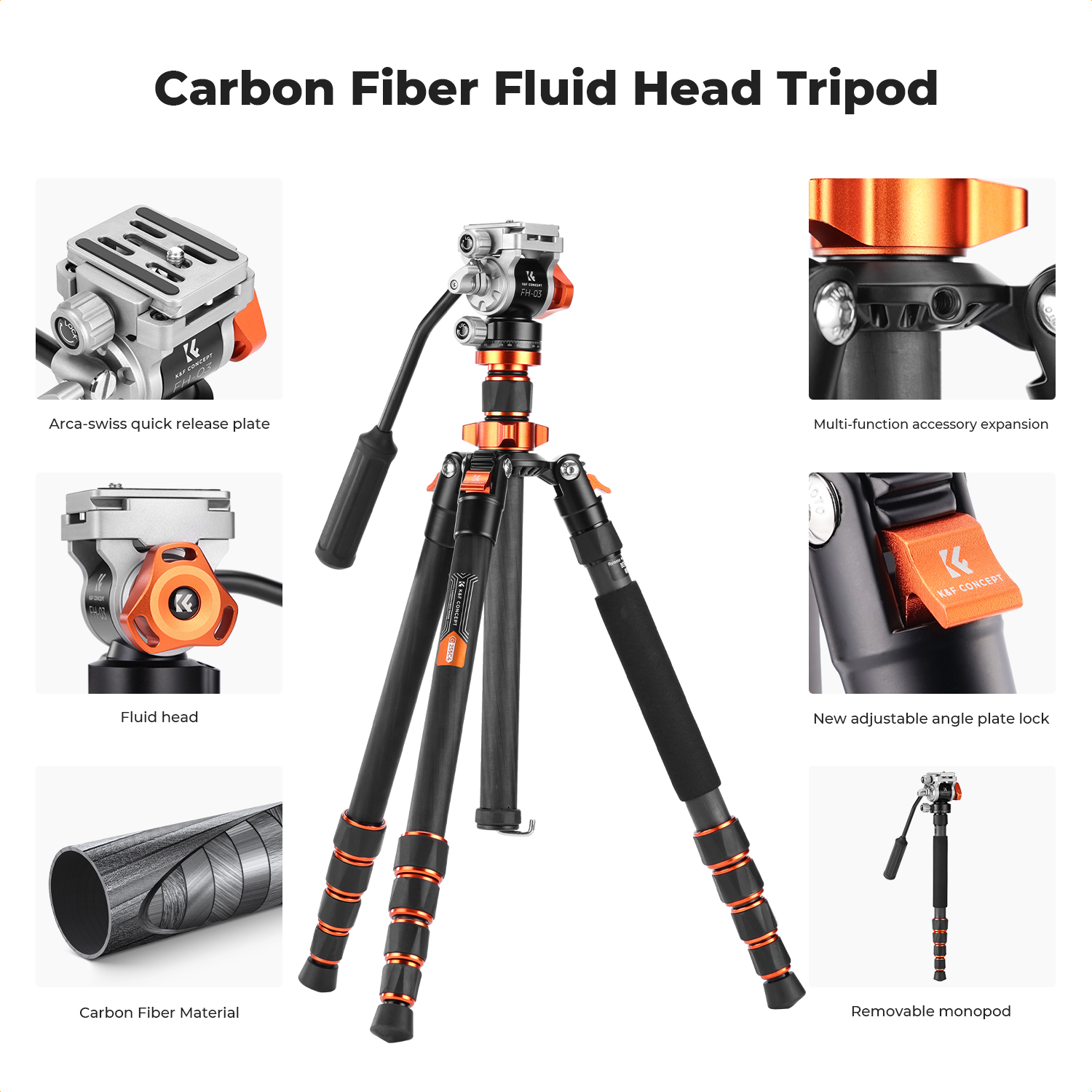 K&F CONCEPT 67"/1.7m Carbon Fiber Lightweight Camera Tripod with Hydraulic Video Tripod Head, Foldable, Detachable Single Leg, Metal Screw Lock