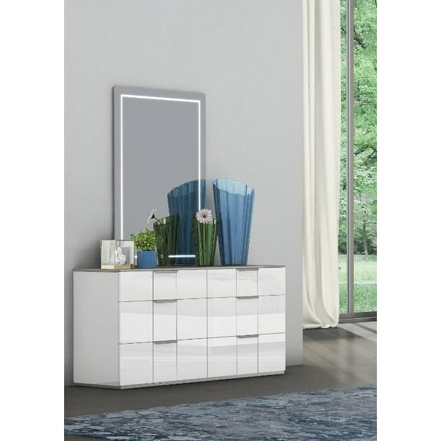 HARVEY DRESSER IN 2 TONE GLOSS WHITE WITH FLANNEL GREY AND MIRROR WITH LED LIGHTS