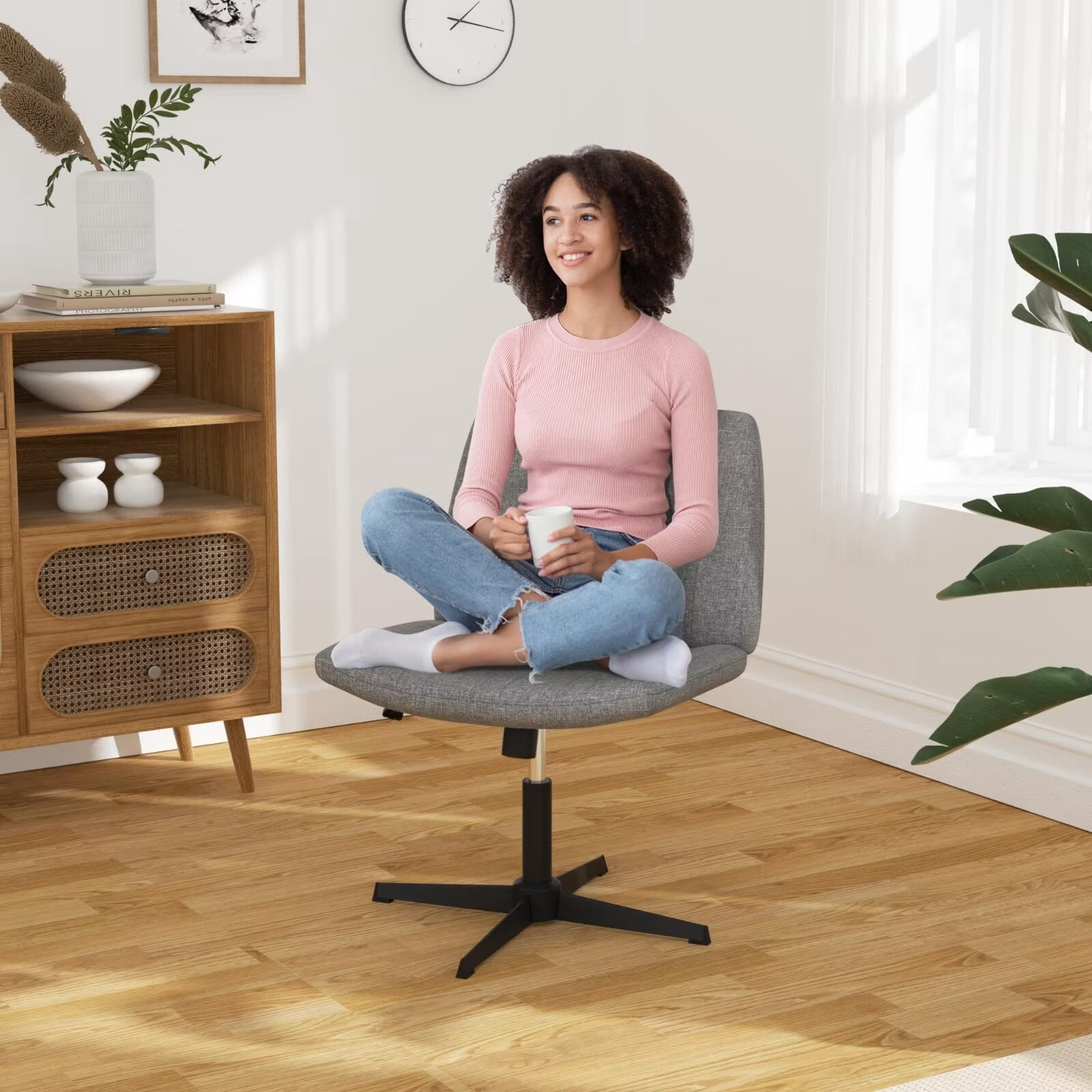 YRLLENSDAN Criss Cross Chair Wide Desk Chair Comfy Computer Chair Vanity Chair Wide Office Chair No Wheels Cross Legged Office Chair Armless Office Chair, Grey
