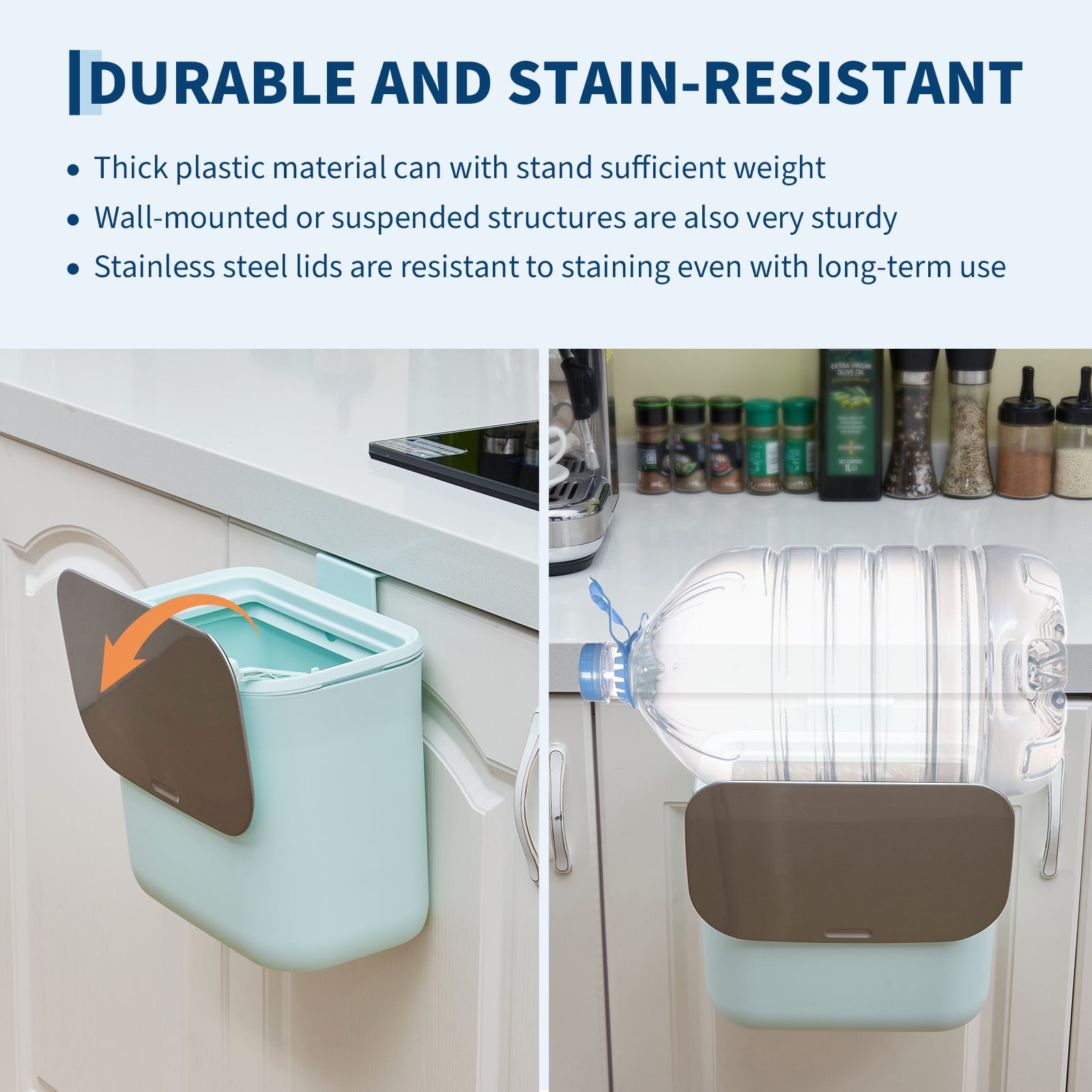 1.8 Gallon Kitchen Hanging Small Trash Can with Stainless Steel Lid, Odor-Free Compost Bin, Space-Saving Garbage Can for Cabinet, Under Sink, RV, Bathroom, Green