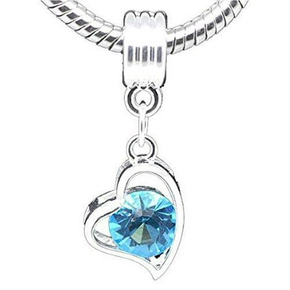 Sexy Sparkles Rhinestone Heart March Birthstone Spacer Bead Charm, Light Blue Heart Dangle- Zinc Based Alloy