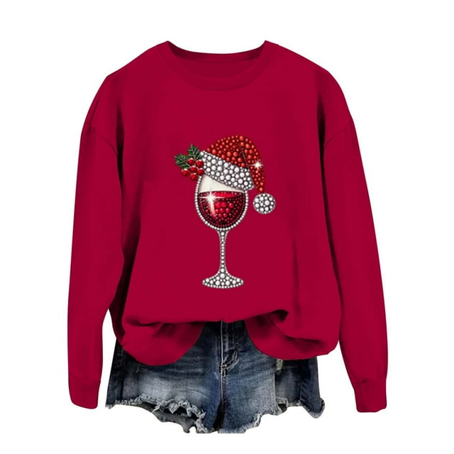 FYEGRE Chandail à Capuche Sans Capuche pour Femmes Manches Longues Col Rond Décontracté Sportif pour Vacances Saison Festive Vin m