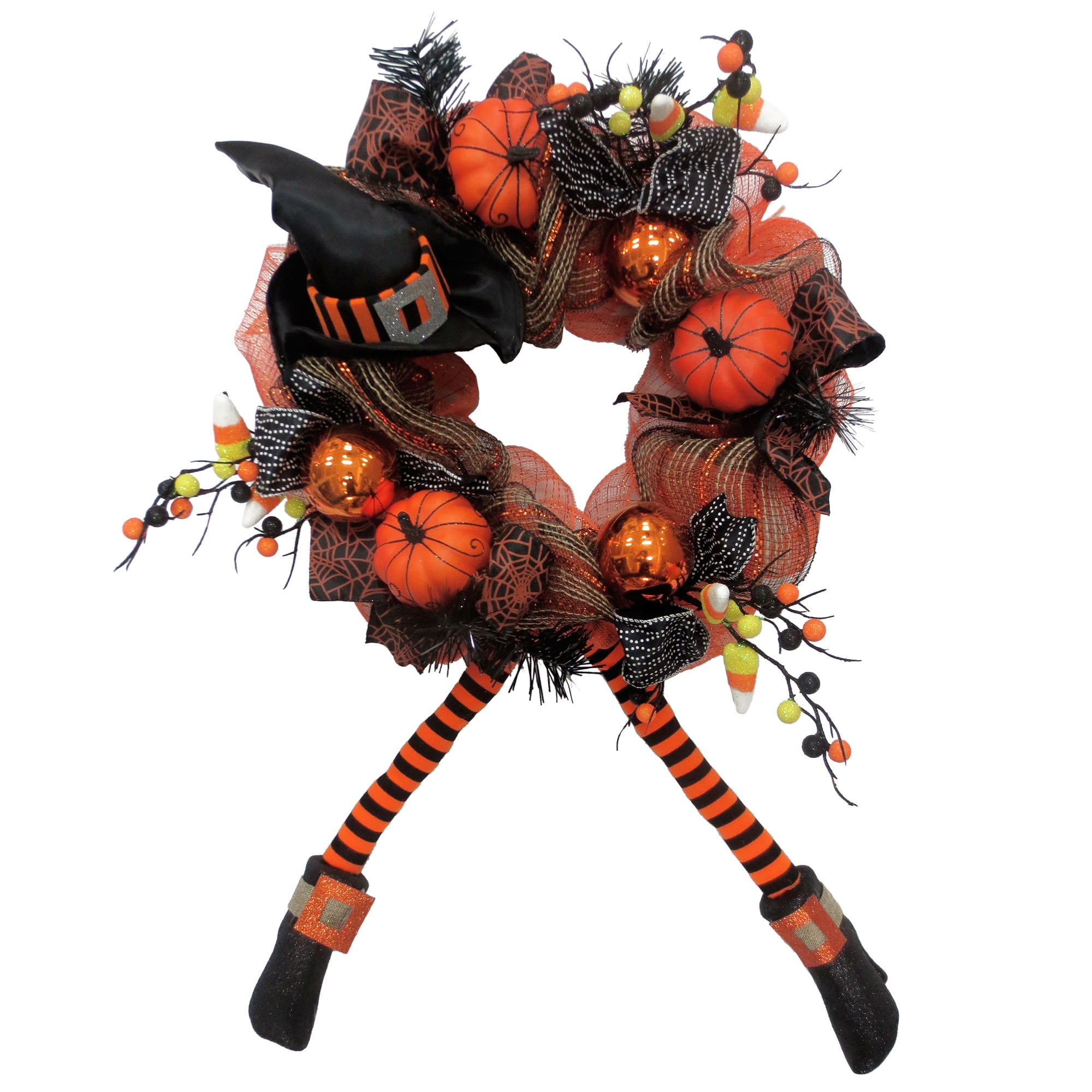 Way to Celebrate Halloween Witch Leg and Foam Pumpkin Mesh Wreath