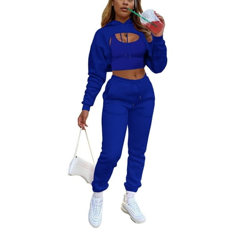 

FOCUSNORM Womens 3pcs Tracksuit Cutout Drawstring Hoodie+Sport Bra Tank Crop Top+High Waisted Sweatpants Cinch Bottom Jogger Set